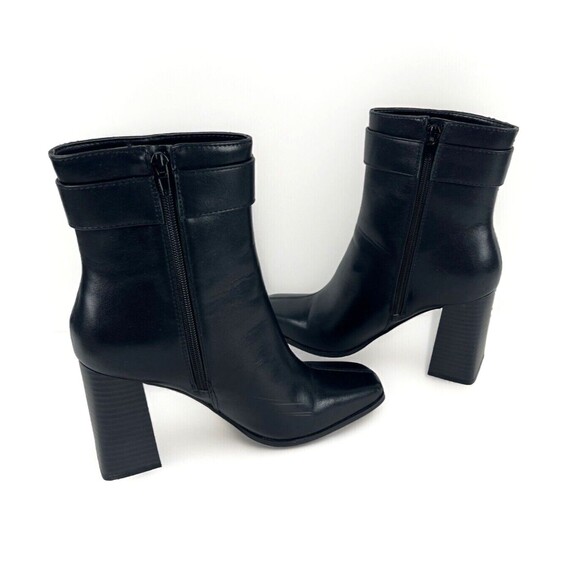 Black Ankle Boots Womens SZ 9 Zip Buckle Block Heels Faux Leather Classy NEW - Picture 2 of 16